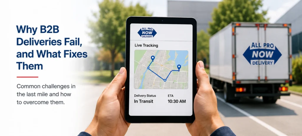 Live GPS tracking on a phone next to an AllProNow delivery truck, illustrating last mile delivery visibility