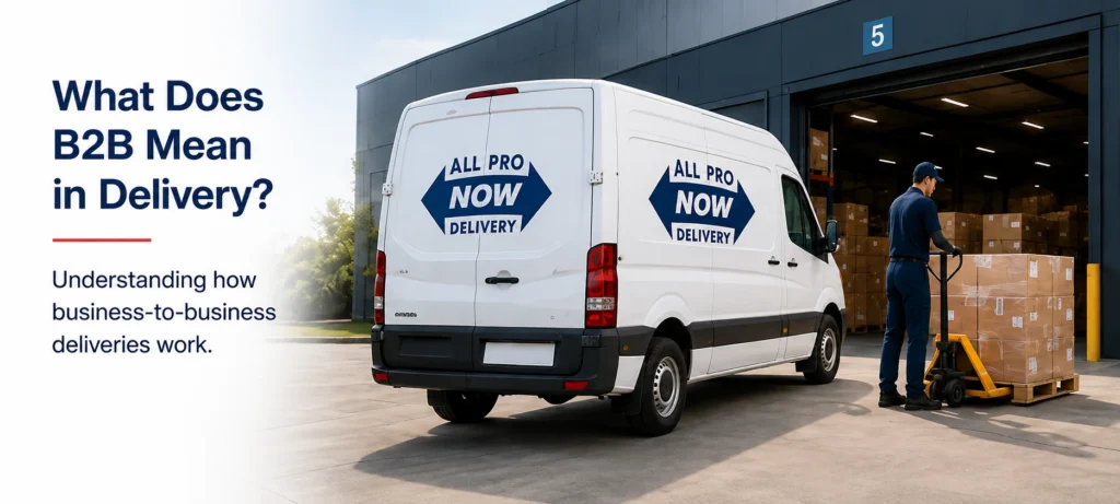 Warehouse worker receiving a palletized shipment from an AllProNow B2B delivery van