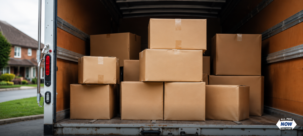 Open delivery truck loaded with cardboard boxes in a residential neighborhood, illustrating the shipping stage before last-mile delivery