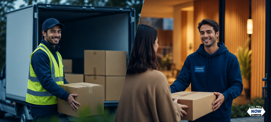 Split image comparing shipping and delivery: a warehouse worker loading boxes onto a truck on the left, and an AllProNow delivery driver handing a package to a homeowner on the right