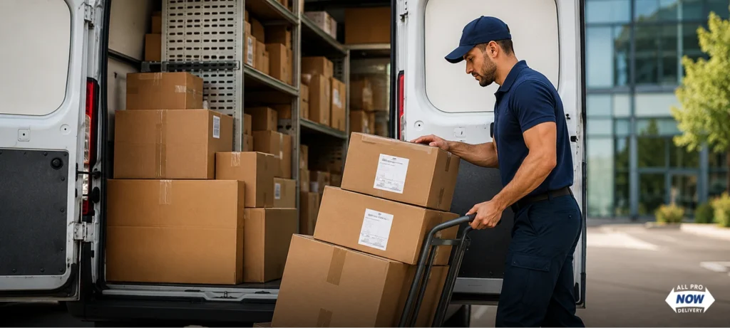 Two AllProNow delivery drivers transferring large labeled freight boxes from a pallet jack to a cargo van at a commercial loading area