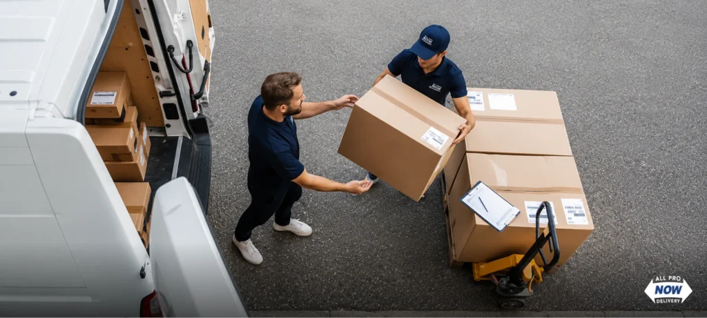 AllProNow courier in navy uniform organizing labeled cardboard packages inside a cargo van with a warehouse in the background for same-day freight delivery