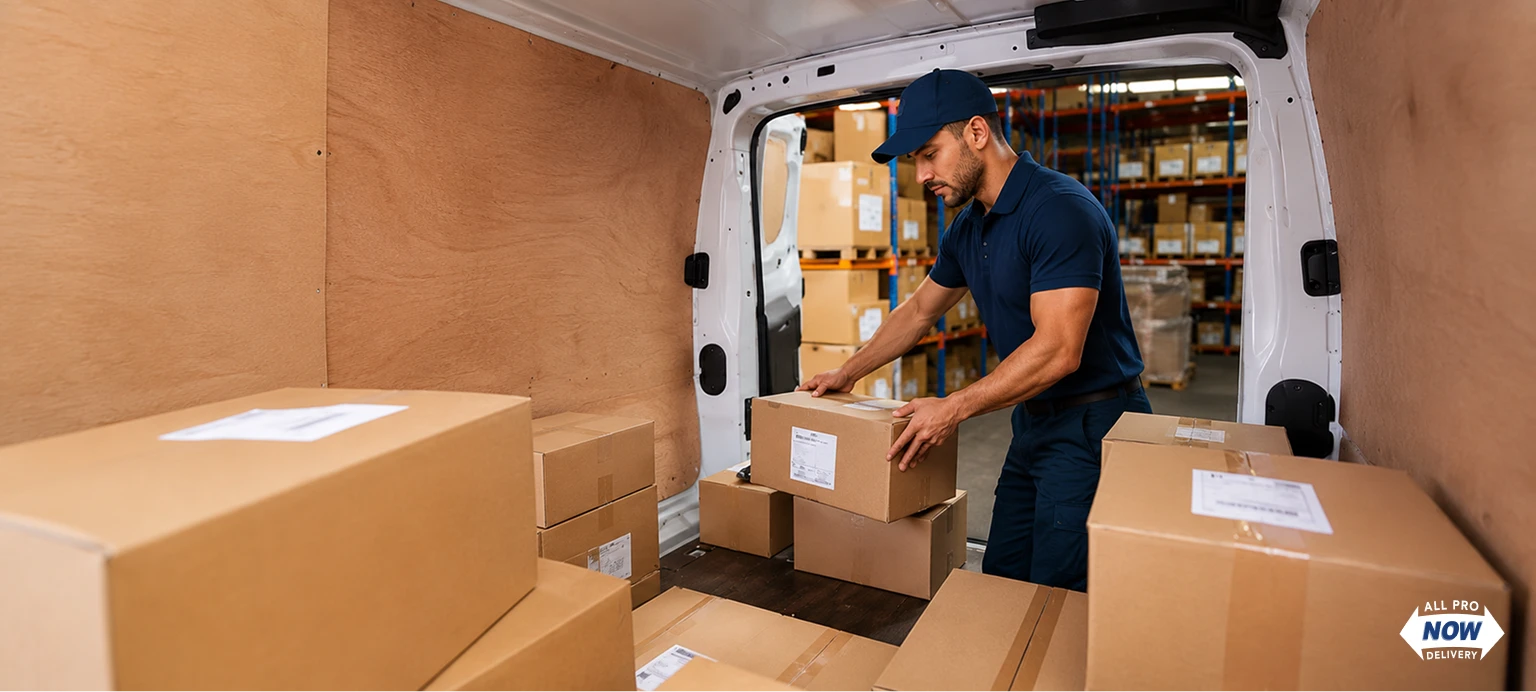 AllProNow delivery driver unloading labeled cardboard boxes from a white cargo van using a hand truck for same-day courier service in Michigan