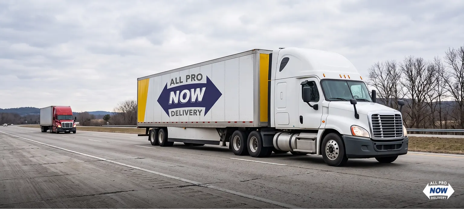 AllProNow semi-truck traveling on an Ohio interstate, one of the top shipping companies Columbus Ohio businesses use for freight delivery