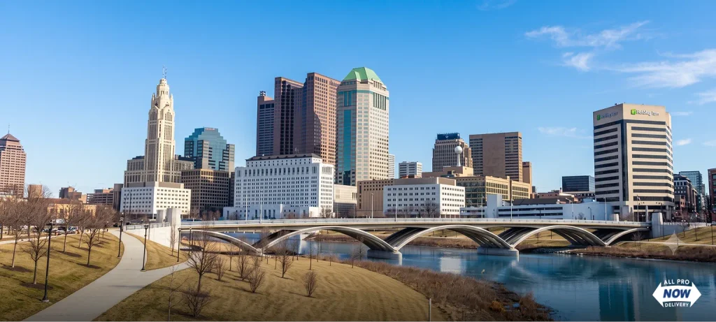 Downtown Columbus Ohio skyline and Scioto River, home base for AllProNow shipping and freight services