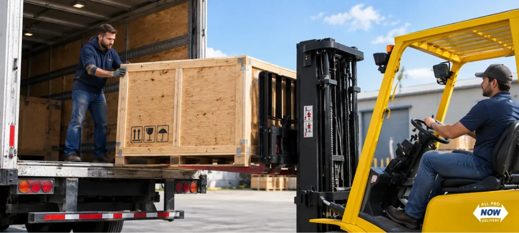AllProNow crew loading a wooden freight crate onto a truck with a forklift, representing shipping companies Columbus Ohio businesses trust