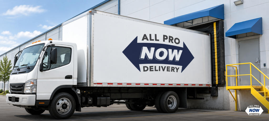White All Pro Now Delivery box truck backed up to a warehouse loading dock with yellow safety railings