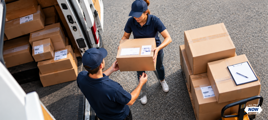 Two delivery workers in navy uniforms loading cardboard boxes from a delivery van onto a hand truck, All Pro Now Delivery logo visible in corner