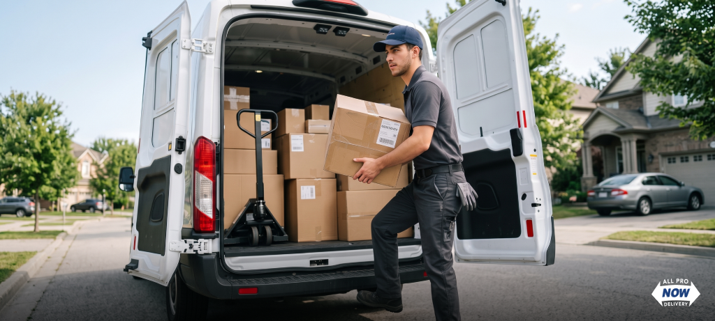 Courier unloading boxes from a cargo van with a pallet jack for a same-day residential delivery