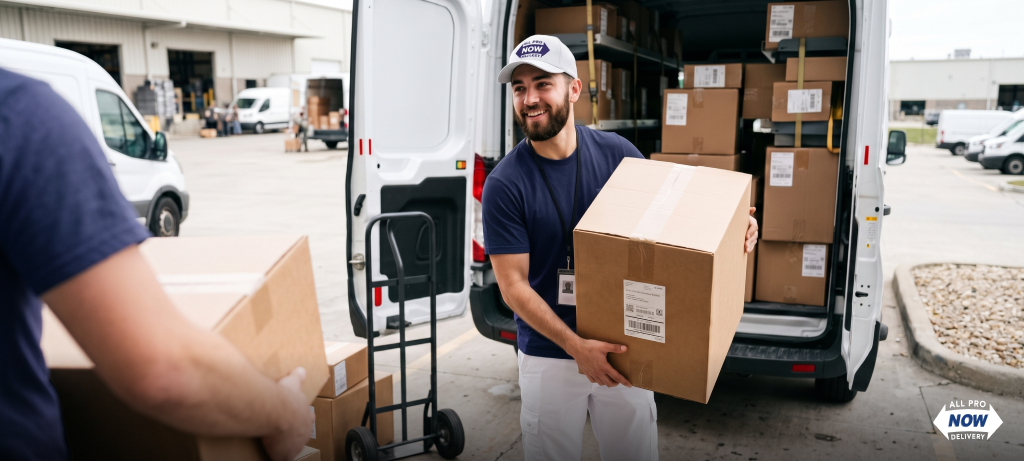 All Pro Now Delivery driver loading a sprinter van at a loading dock for same-day courier service in Ohio