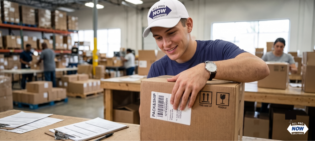 How much does courier service cost – All Pro Now Delivery worker labeling a package in an Ohio warehouse