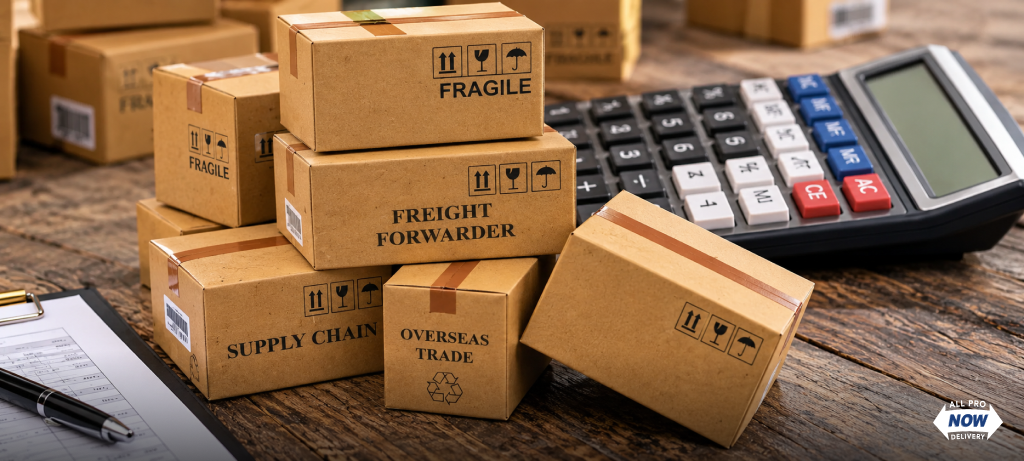 Shipping boxes and a calculator used to work out how much to charge for delivery per mile