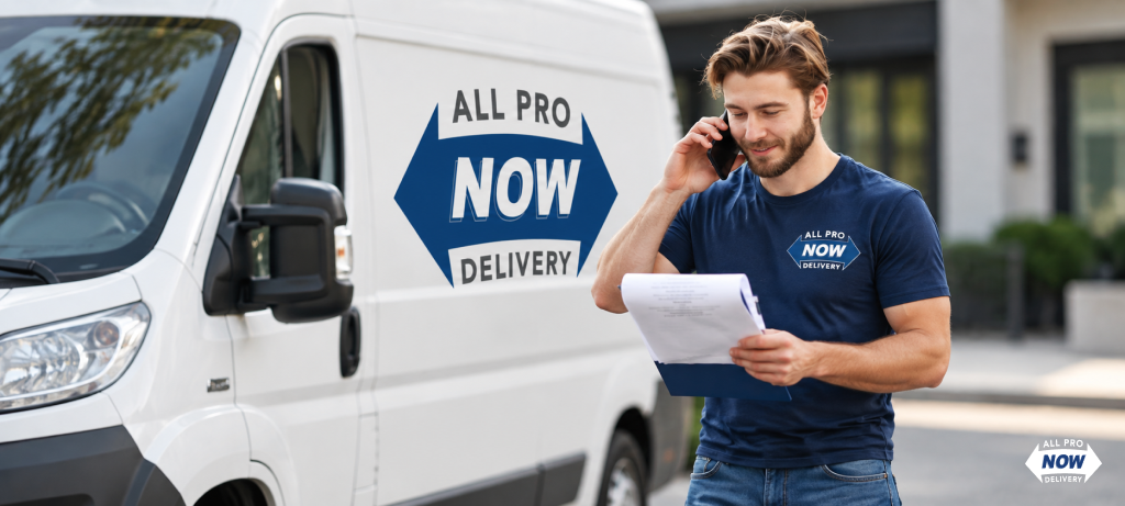 How much to charge for delivery per mile – All Pro NOW courier driver reviewing a delivery quote beside a cargo van