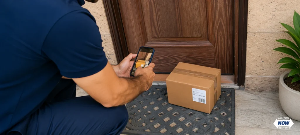 AllProNow delivery driver photographing package at front door for no contact delivery confirmation