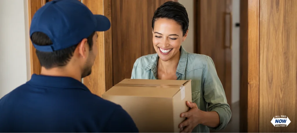 AllProNow delivery driver handing package to customer at front door showing standard vs no contact delivery