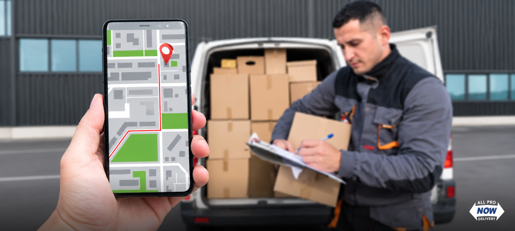 Delivery driver loading packages from van with real-time GPS tracking on phone — AllProNow expected delivery tracking for same-day freight