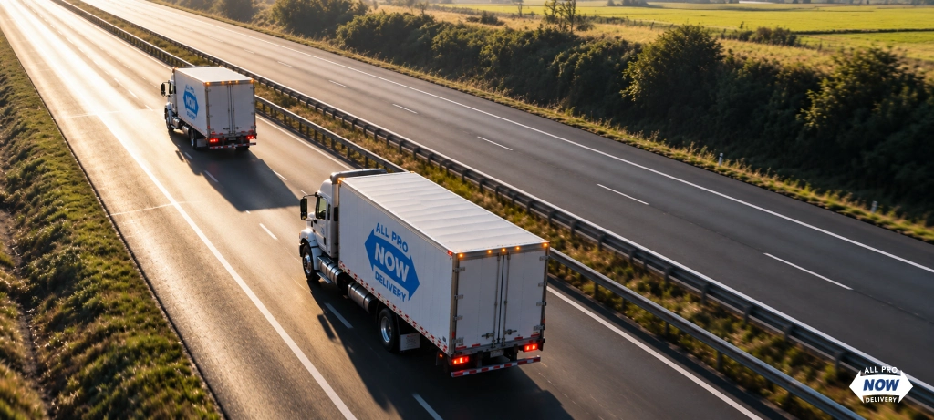 All Pro Now box trucks on a highway delivering regional freight as the best shipping company for same-day B2B loads
