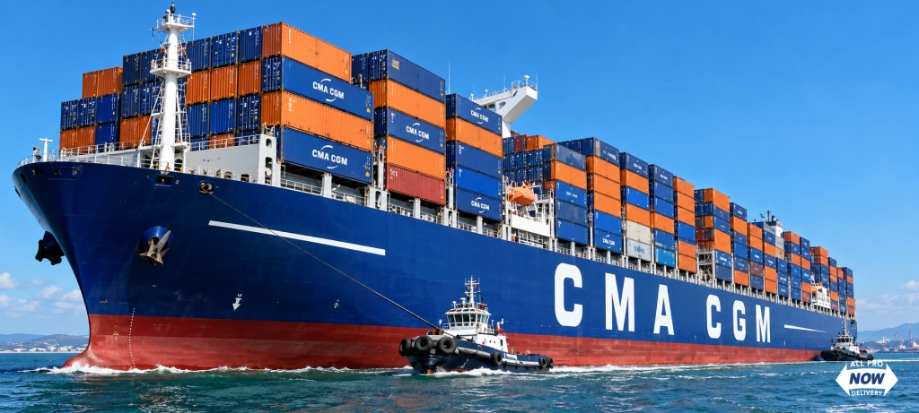 Large container ship guided by a tugboat, illustrating ocean freight options when comparing the best shipping company