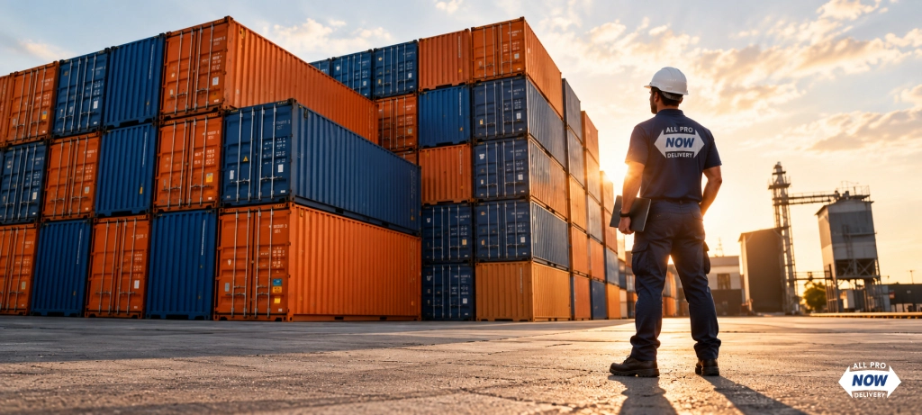 All Pro Now logistics worker reviewing stacked shipping containers at sunset while choosing the best shipping company
