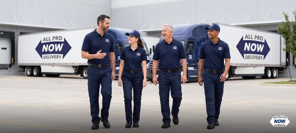 AllProNow logistics team in uniform walking past company-branded tractor-trailers at a freight terminal