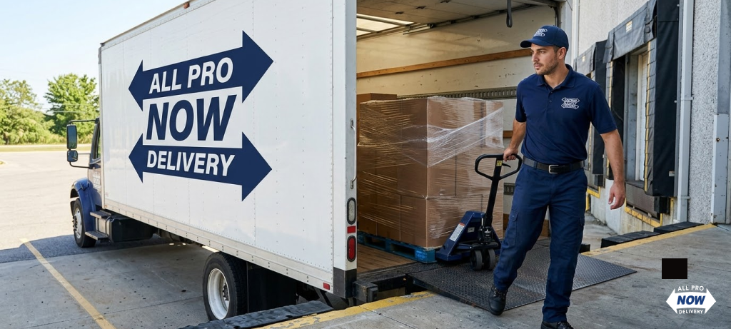 Time critical freight shipping Ohio: AllProNow driver loading a shrink-wrapped pallet into a box truck at a dock