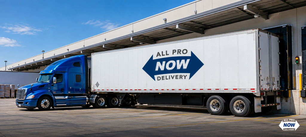 Blue semi-truck with an All Pro Now Delivery trailer backed into a warehouse loading dock