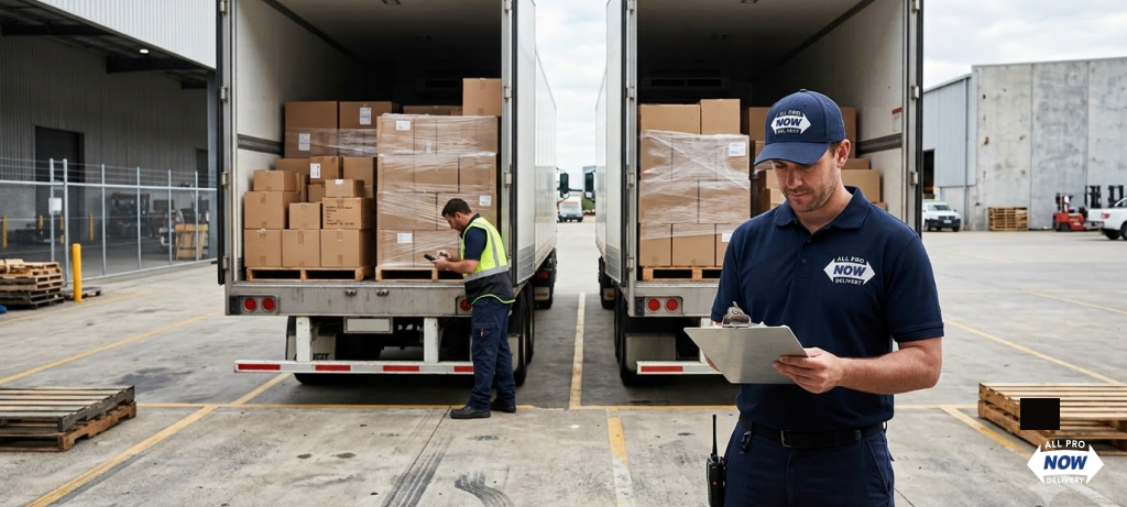 All Pro Now team member checking a clipboard while pallets are loaded into box trucks for LTL freight delivery