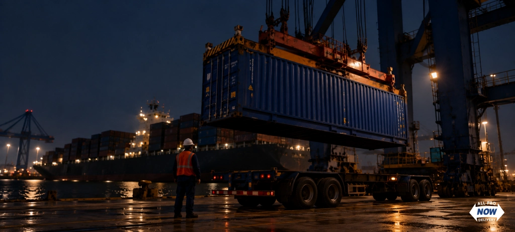 Shipping container loaded onto a truck chassis at night for onward overnight freight services Ohio delivery