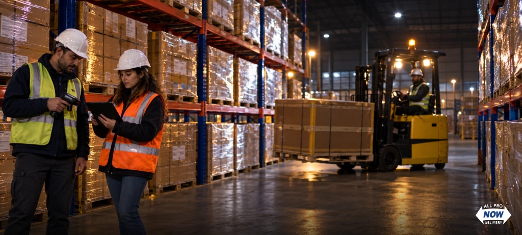 Warehouse workers scanning pallets and checking a tablet before loading for overnight freight services Ohio pickup