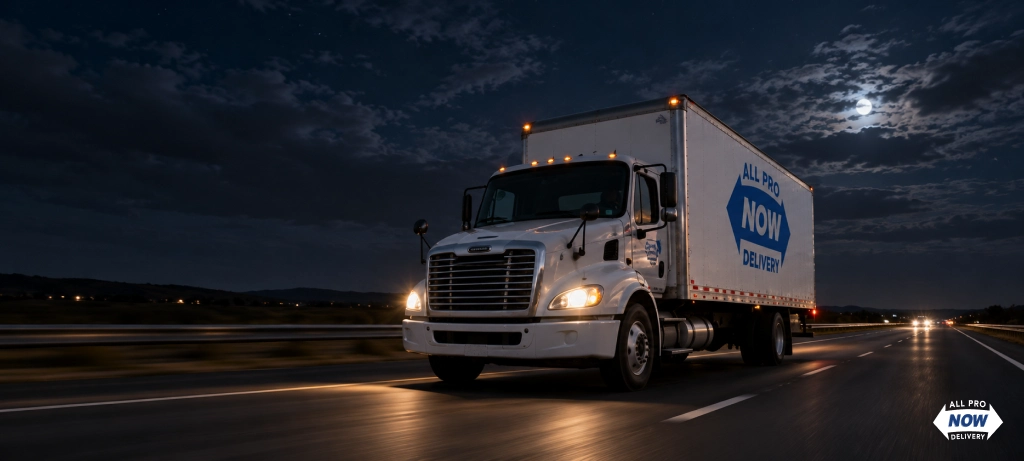AllProNow box truck on an Ohio highway at night providing overnight freight services Ohio businesses rely on