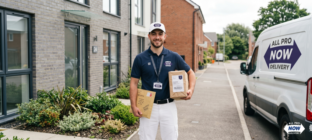 All Pro Now same day courier holding parcels and envelopes beside a branded delivery van on a residential street