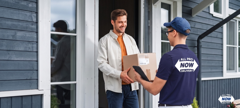 Same day courier service driver from All Pro Now handing a package to a smiling customer at his front door