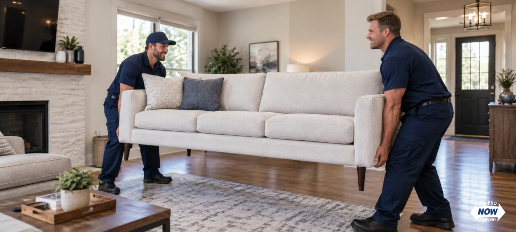 Delivery professional in white gloves unboxing an upholstered accent chair during white glove furniture delivery
