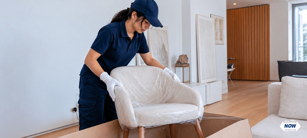 Two delivery professionals placing a cream sofa in a living room during white glove furniture delivery