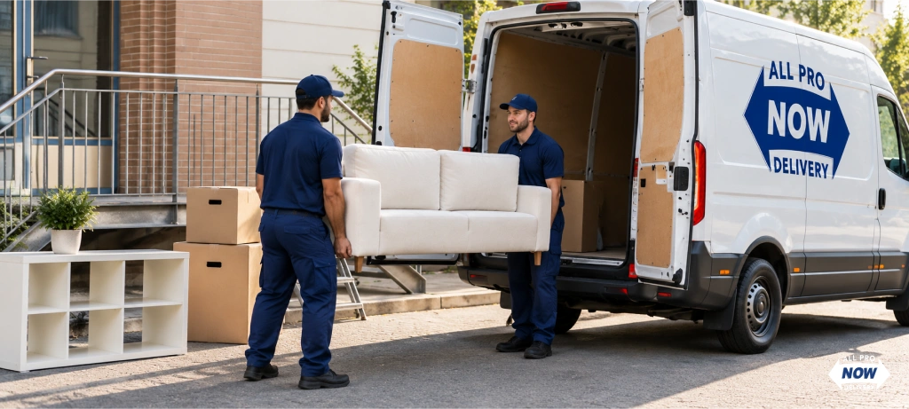 White glove furniture delivery crew unloading a white sofa from an All Pro Now delivery van